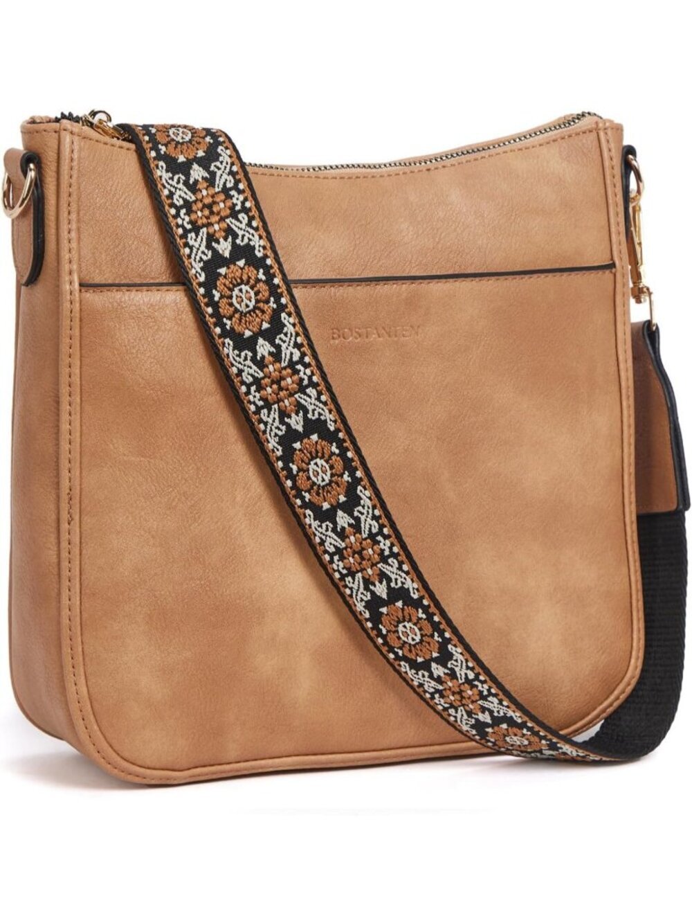 Women's Camel Vegan Leather Crossbody Bags Trendy Wide Shoulder Strap Hobo Bags